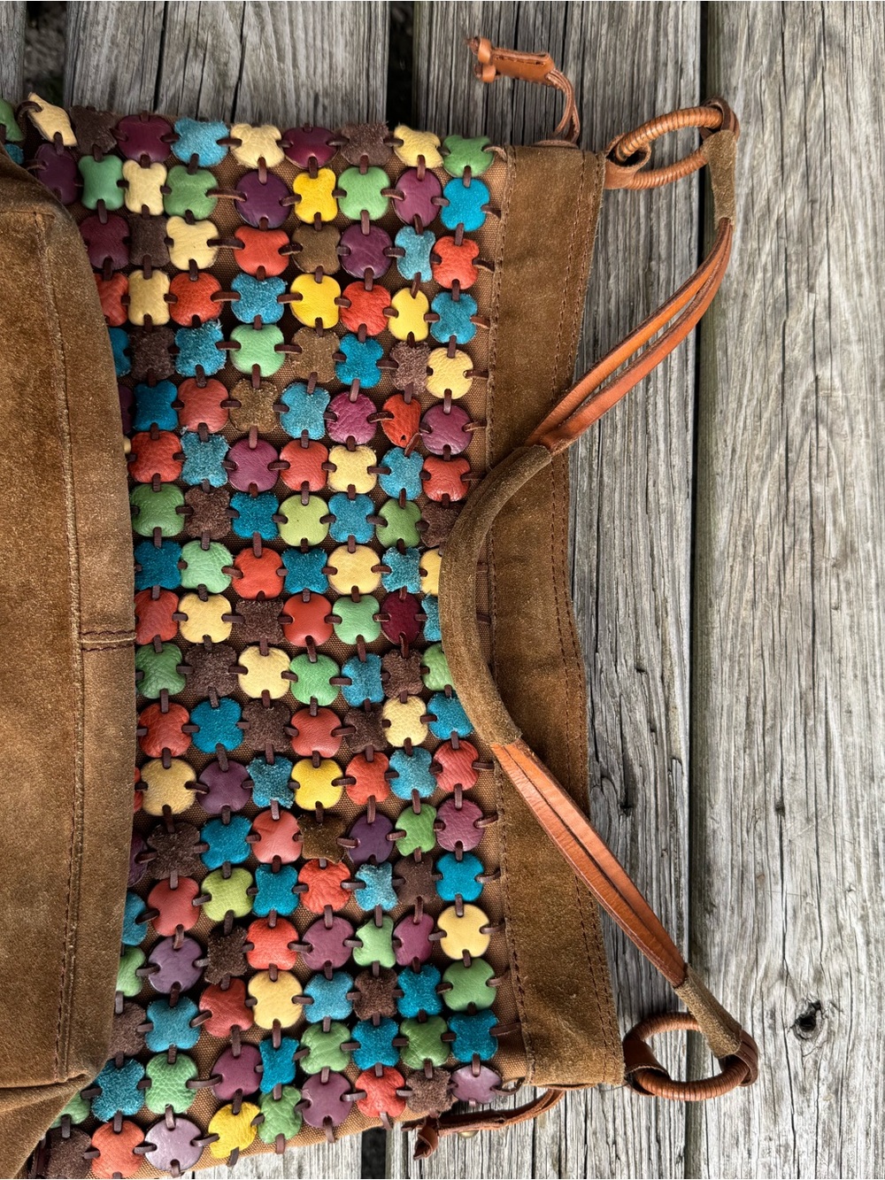 Vintage Lucky Brand Brown Suede Tote with Multicolor Flower Studs - Picture 3 of 15